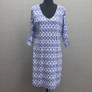 Lulu B Blue White Geometric Print V Neck 3/4 Sleeve Dress Size M